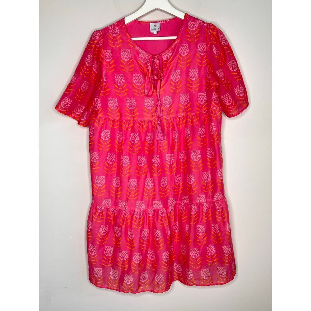 J. Marie The Maeve Short Sleeve Tie Neck Tiered Mini Sundress Pink Womens Size M - Picture 2 of 11